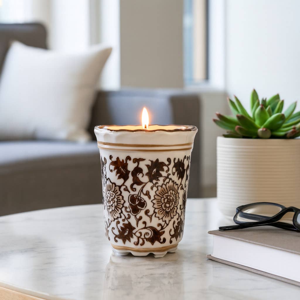 Scented Candle - Jasmine Brown and White Ceramic, 7 Oz